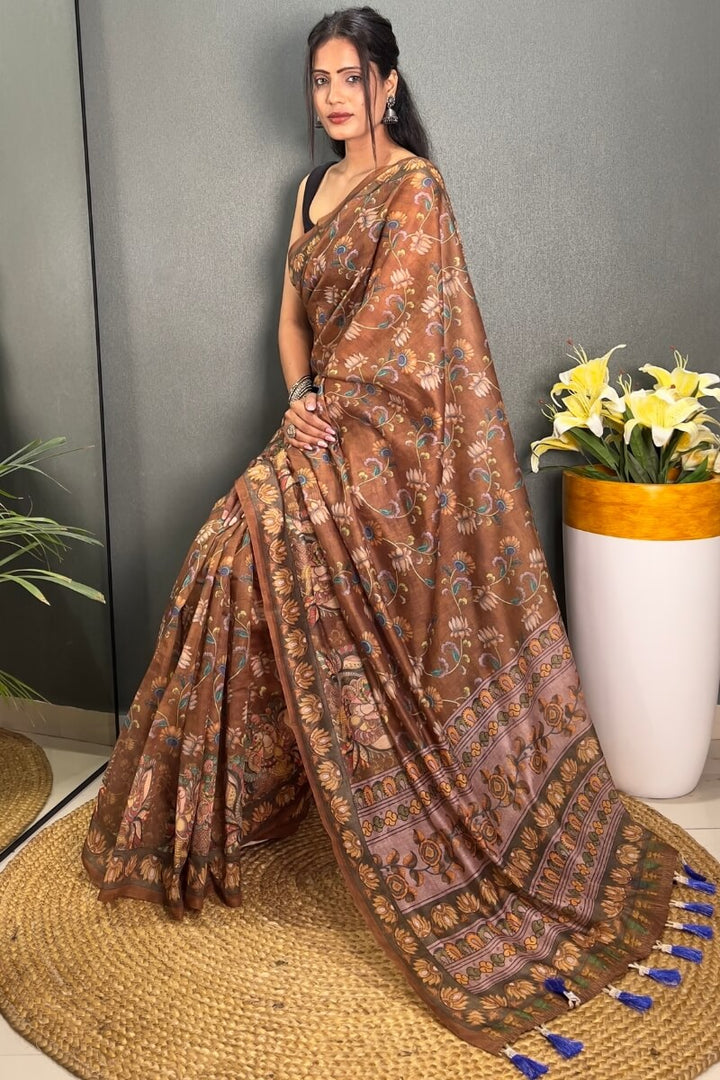 Pale Brown Printed Chanderi Silk Saree