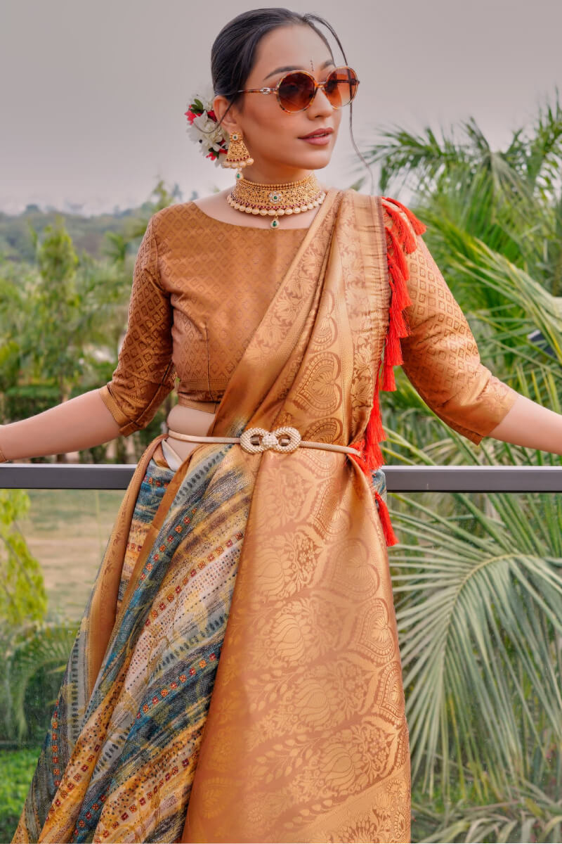 Pale Brown Printed Organza Silk Saree