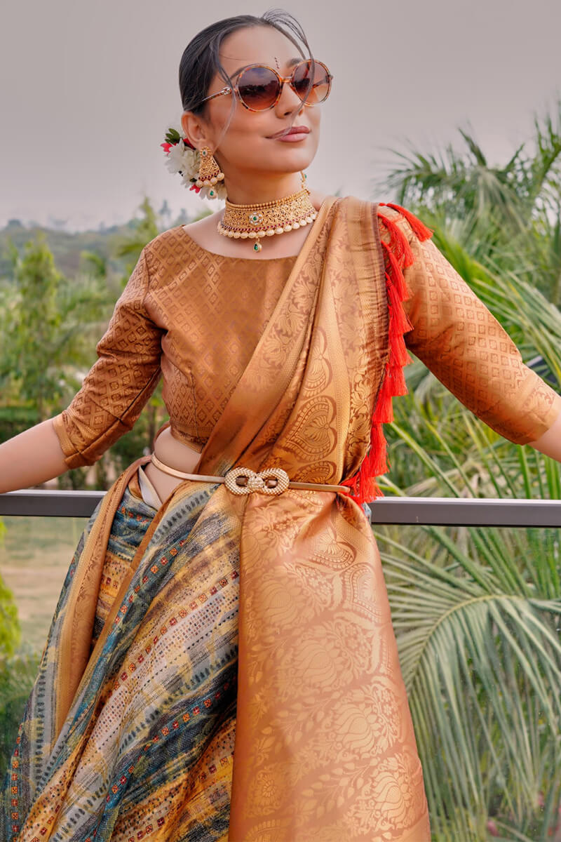 Pale Brown Printed Organza Silk Saree