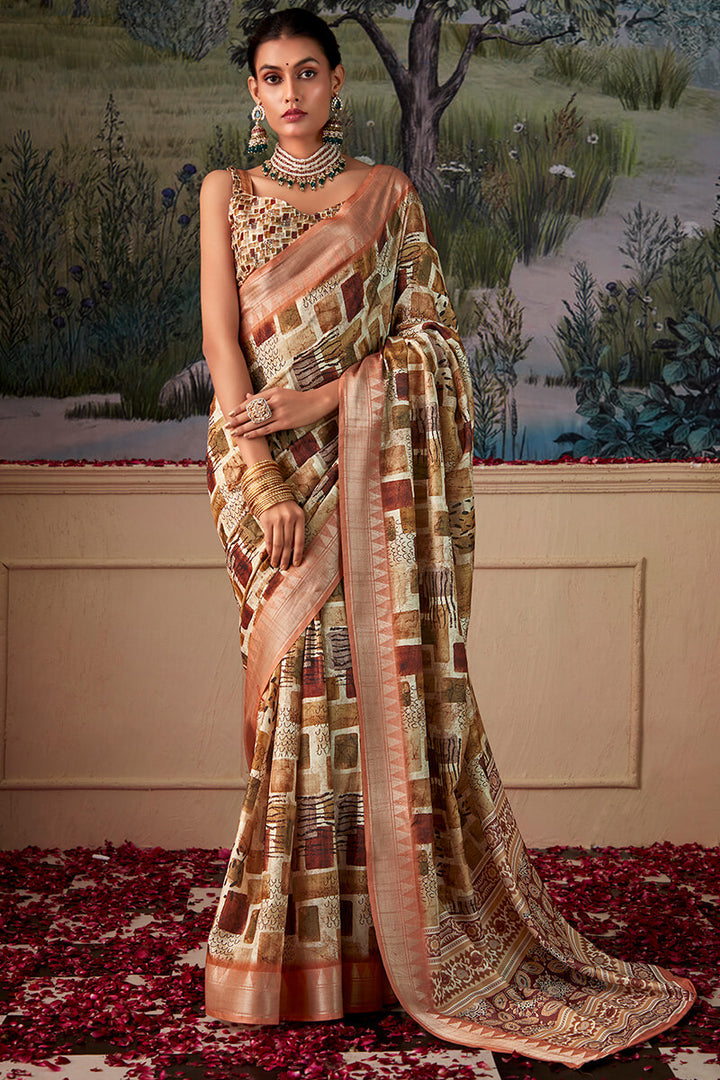 Pale Brown Printed Tussar Silk Saree