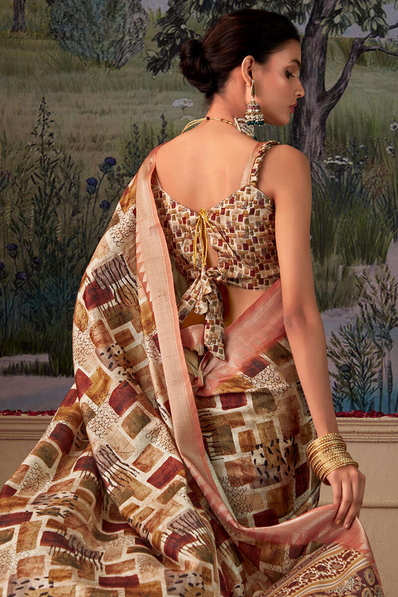 Pale Brown Printed Tussar Silk Saree