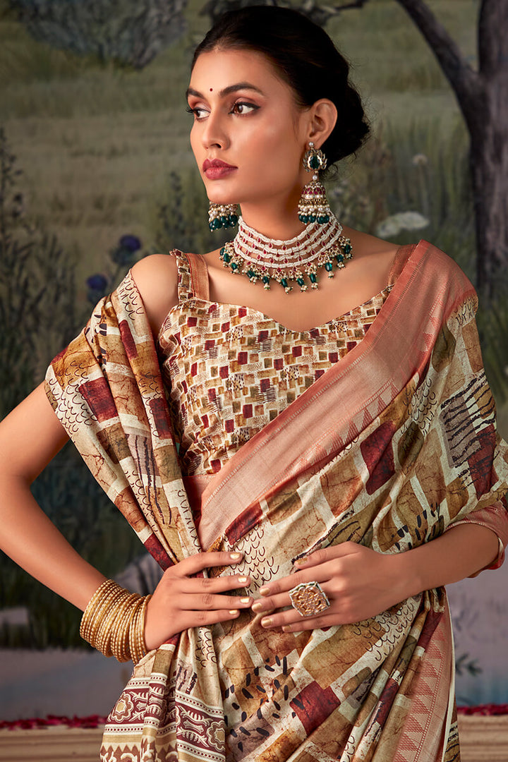 Pale Brown Printed Tussar Silk Saree