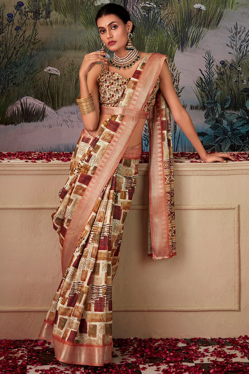 Pale Brown Printed Tussar Silk Saree