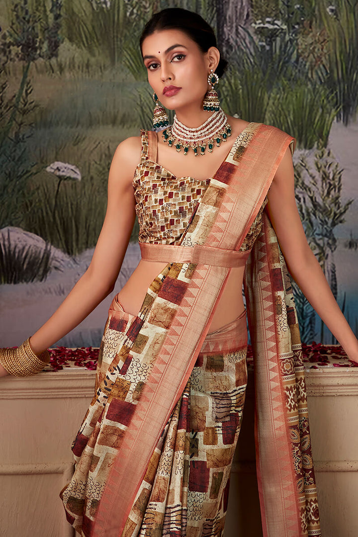 Pale Brown Printed Tussar Silk Saree