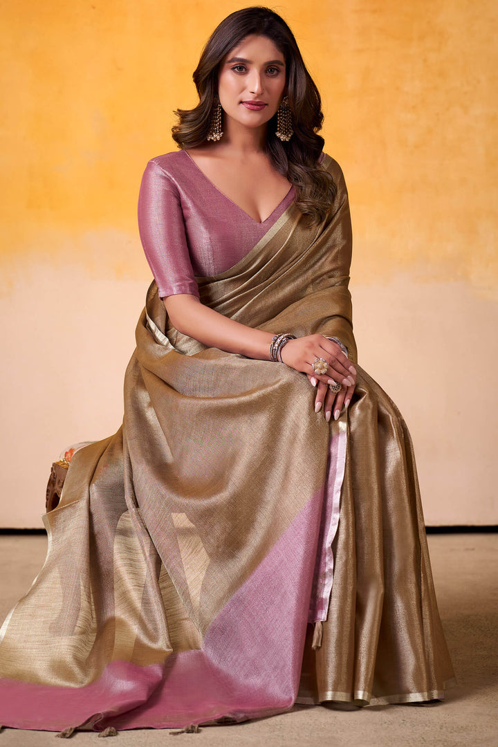 Pale Brown Zari Woven Tissue Silk Saree
