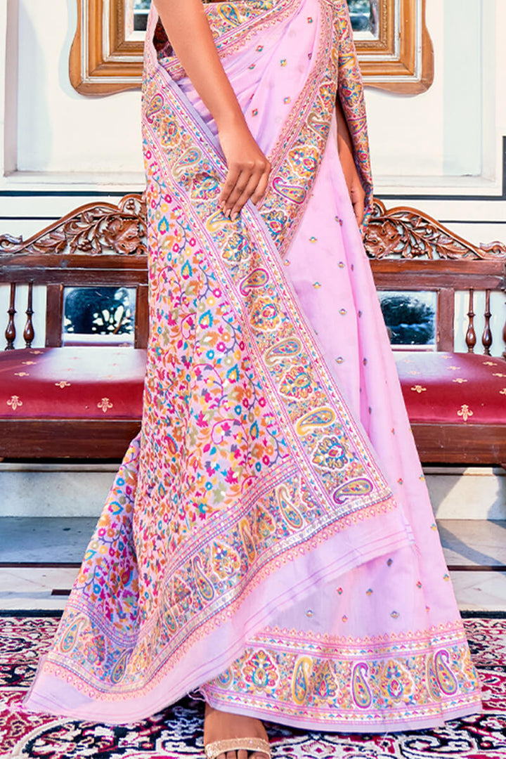 Pale Lavender Kashmiri Modal Pashmina Silk Saree