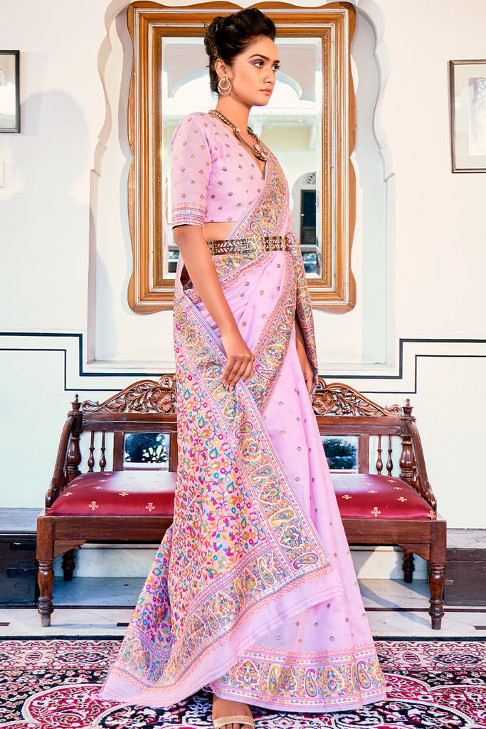 Pale Lavender Kashmiri Modal Pashmina Silk Saree