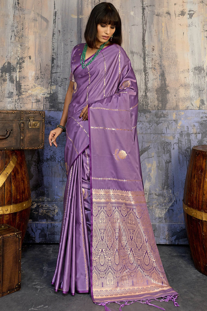 Pale Lavender Zari woven Banarasi Satin silk saree