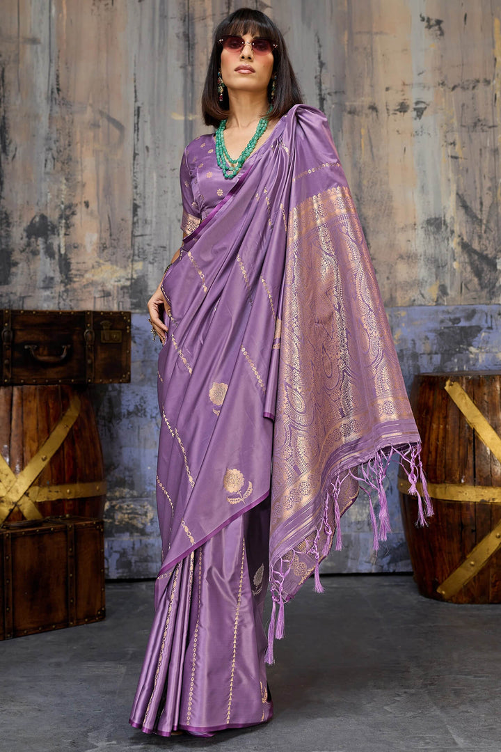 Pale Lavender Zari woven Banarasi Satin silk saree