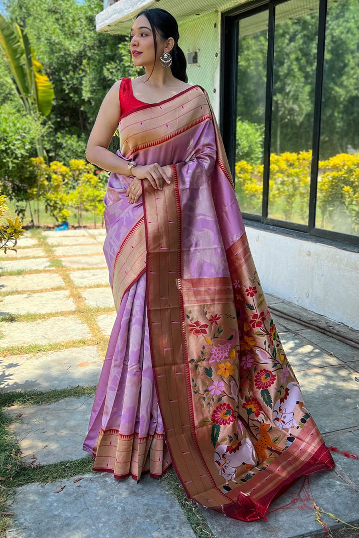 Pale Lavender Zari Woven Paithani Silk Saree