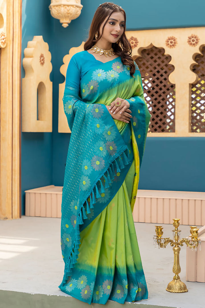 Pale Olive Green Zari Woven Banarasi Silk Saree