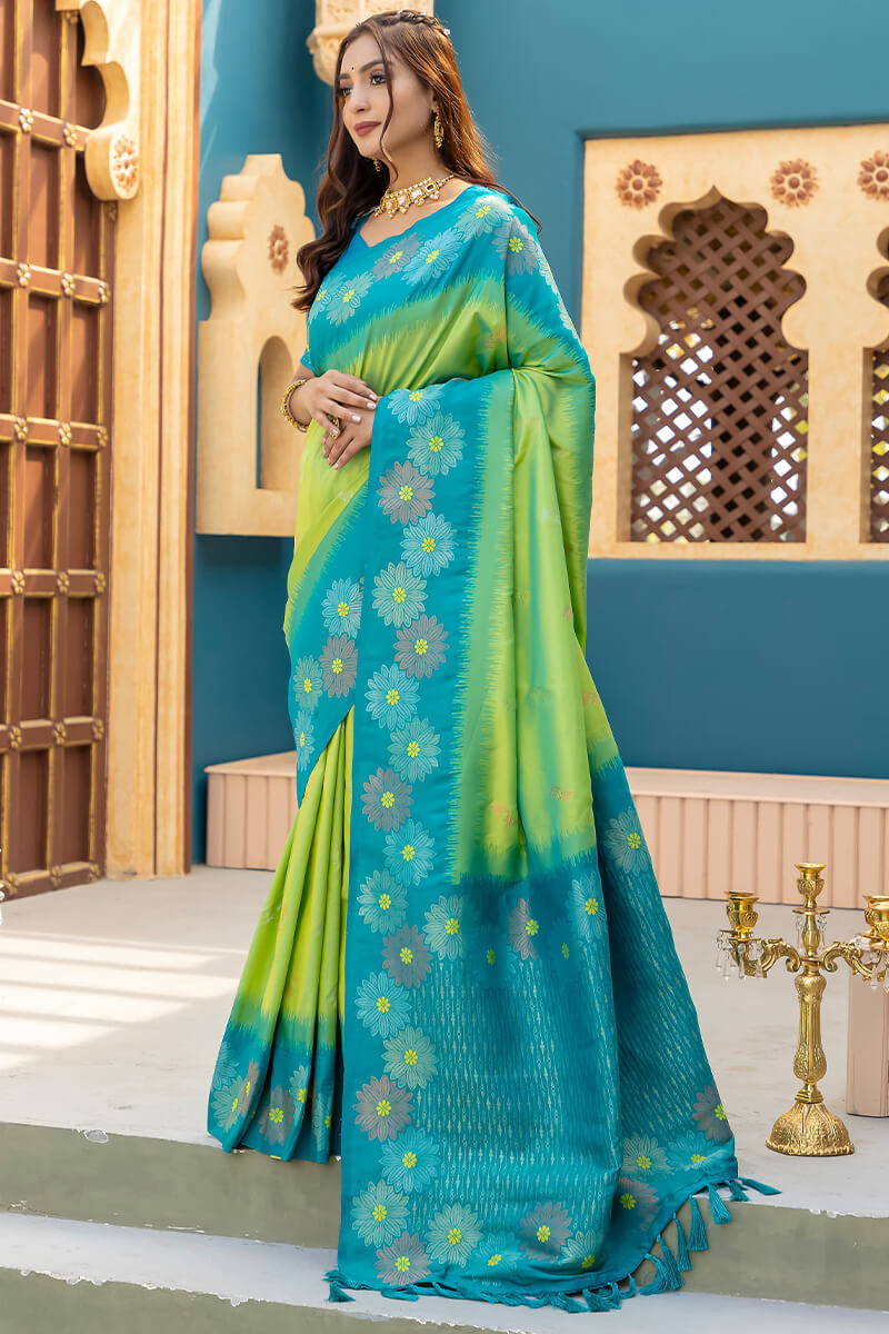 Pale Olive Green Zari Woven Banarasi Silk Saree