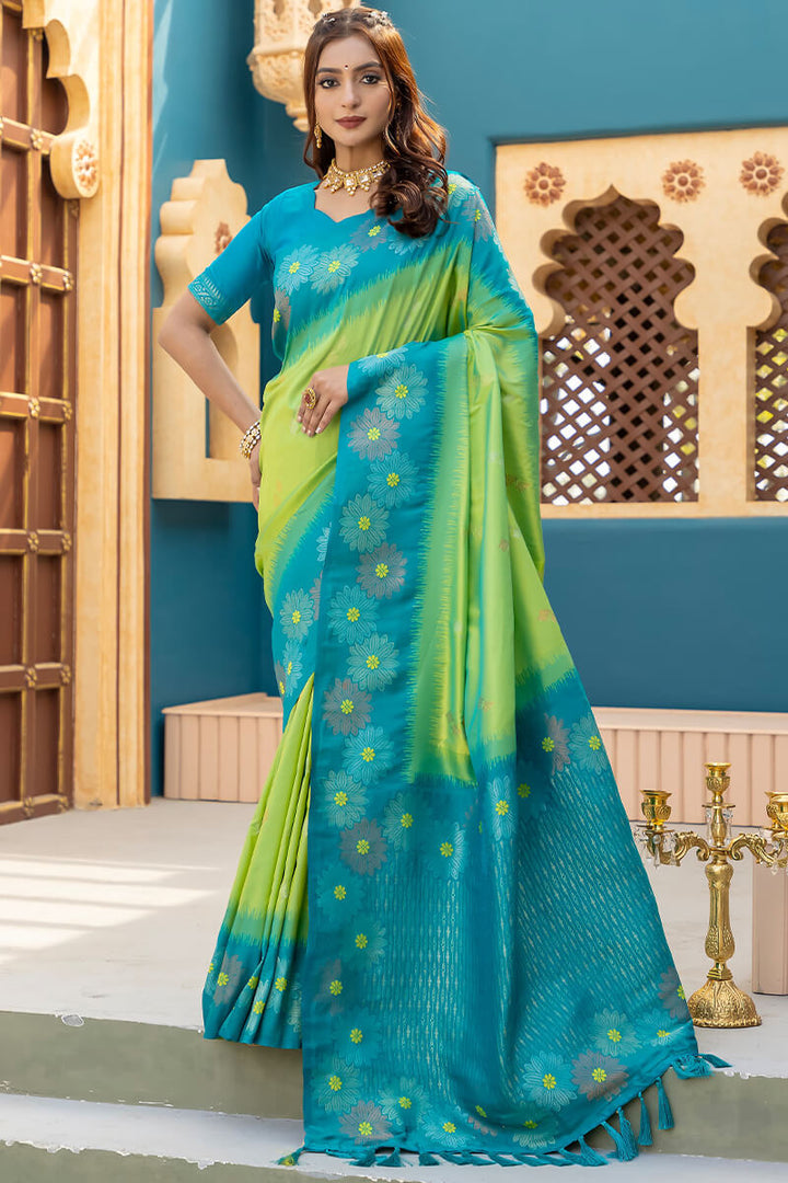 Pale Olive Green Zari Woven Banarasi Silk Saree