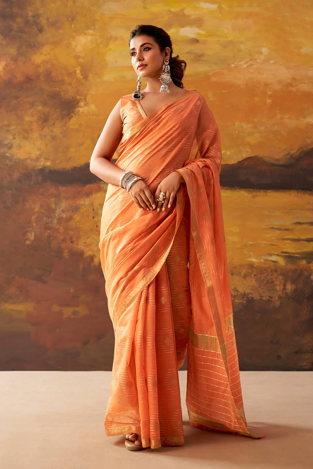 Pale Orange Zari Woven Cotton Silk Saree