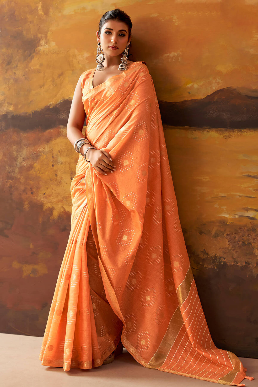 Pale Orange Zari Woven Cotton Silk Saree