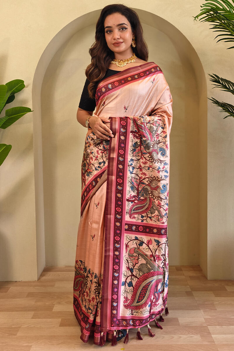 Pale Peach Kalamkari Digital Printed Pure Dola Viscos saree