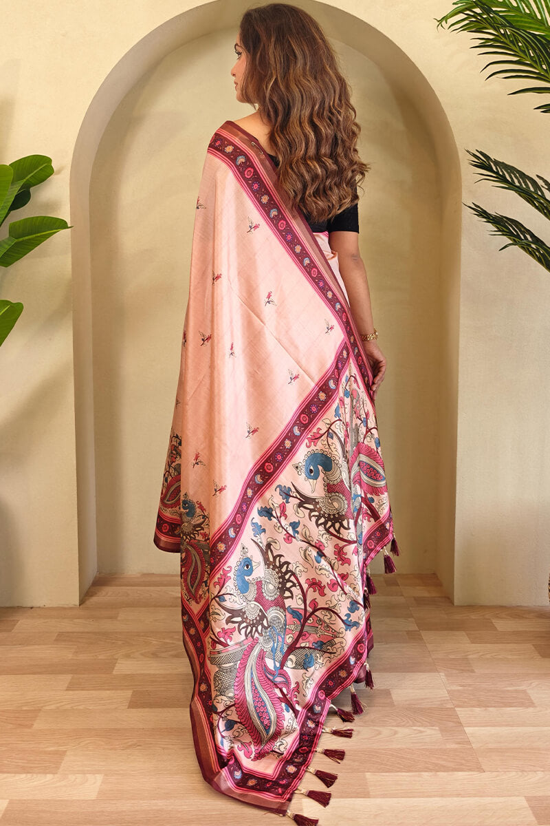 Pale Peach Kalamkari Digital Printed Pure Dola Viscos saree