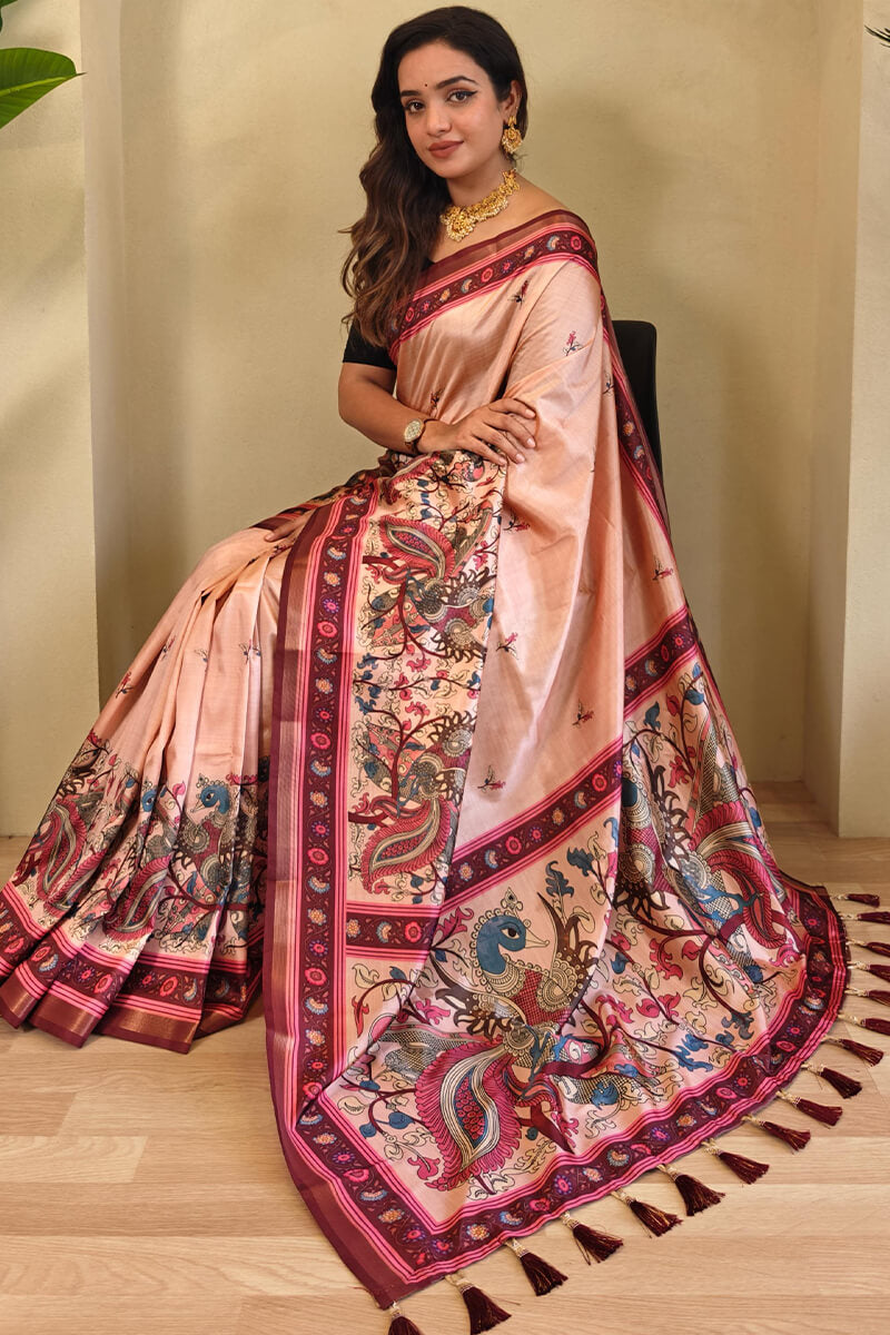 Pale Peach Kalamkari Digital Printed Pure Dola Viscos saree