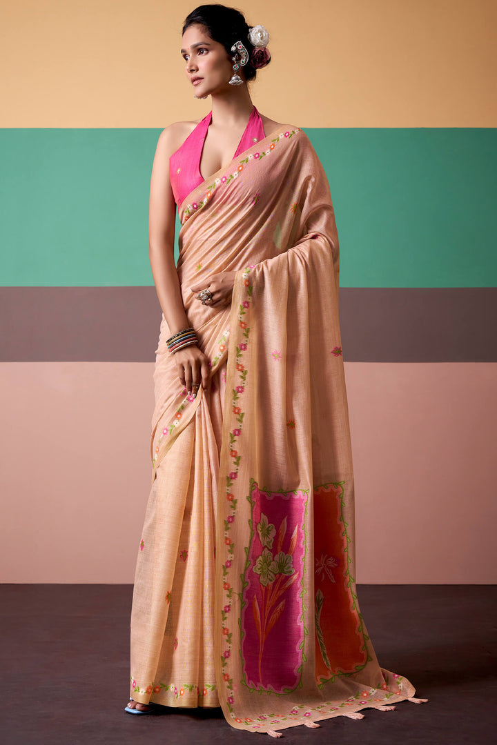 Pale Peach Munga Cotton Silk Saree
