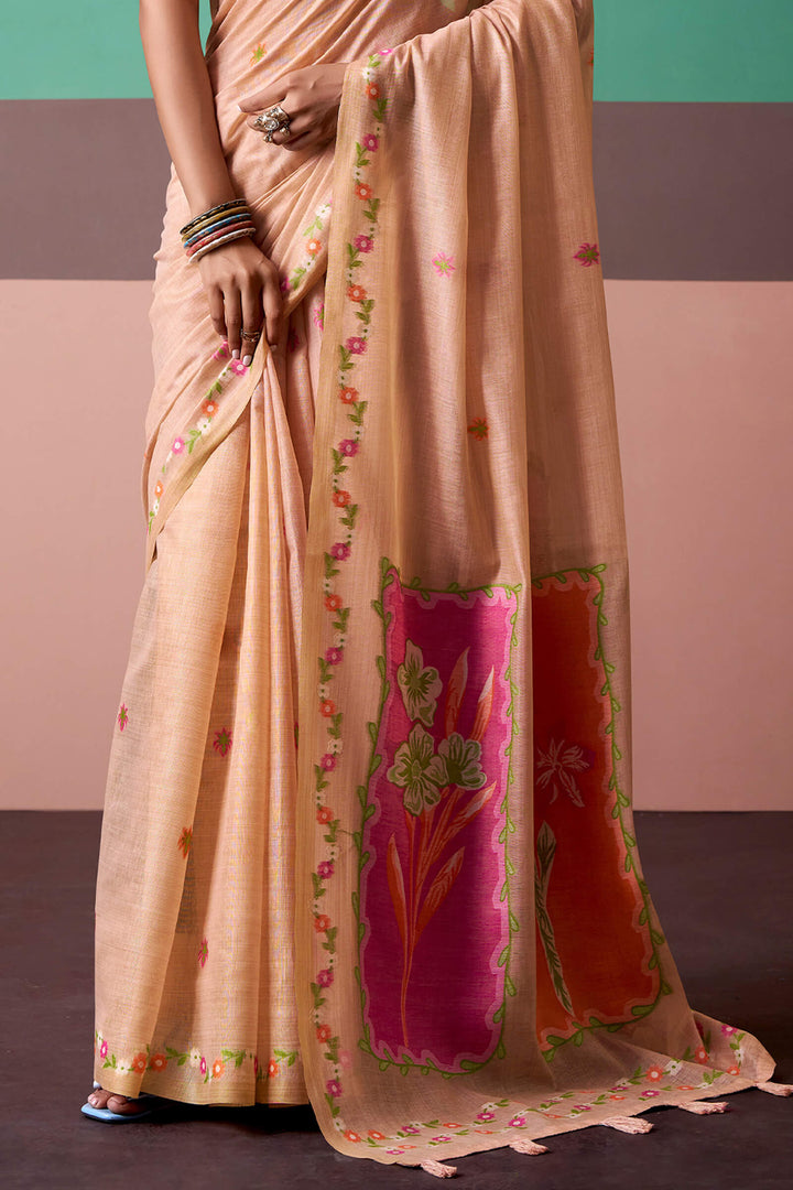 Pale Peach Munga Cotton Silk Saree