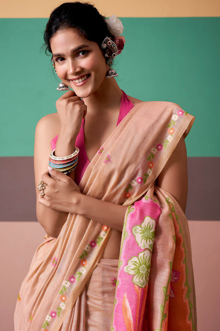 Pale Peach Munga Cotton Silk Saree