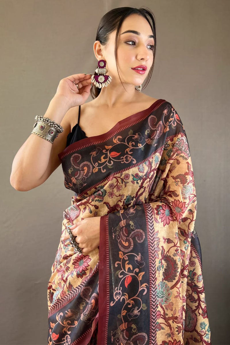 Pale Peach Printed Soft Silk Saree