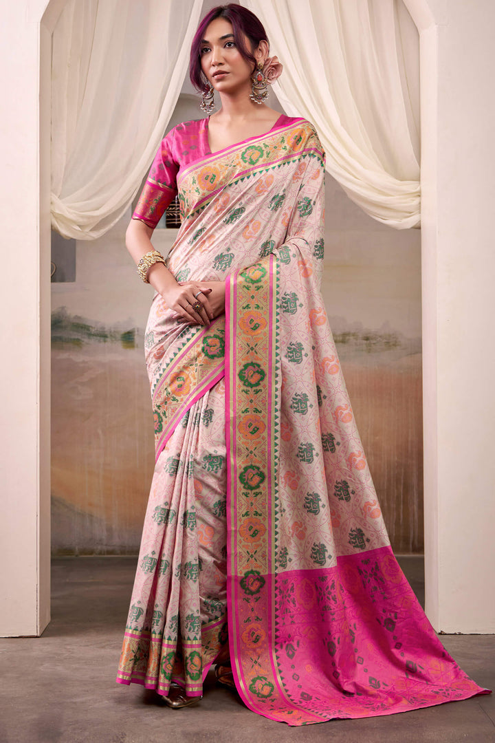 Pale Pink Zari Woven Patola Silk Saree