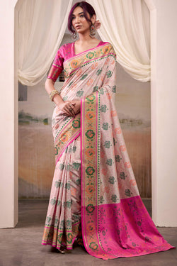 Pale Pink Zari Woven Patola Silk Saree