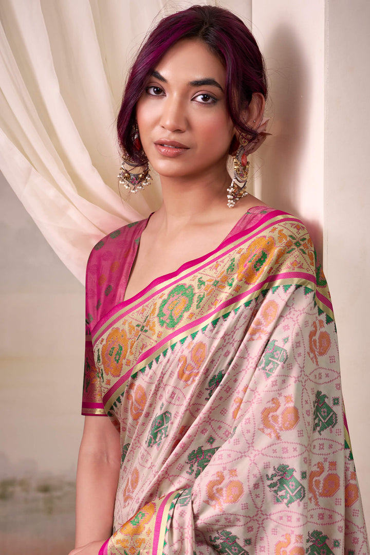 Pale Pink Zari Woven Patola Silk Saree