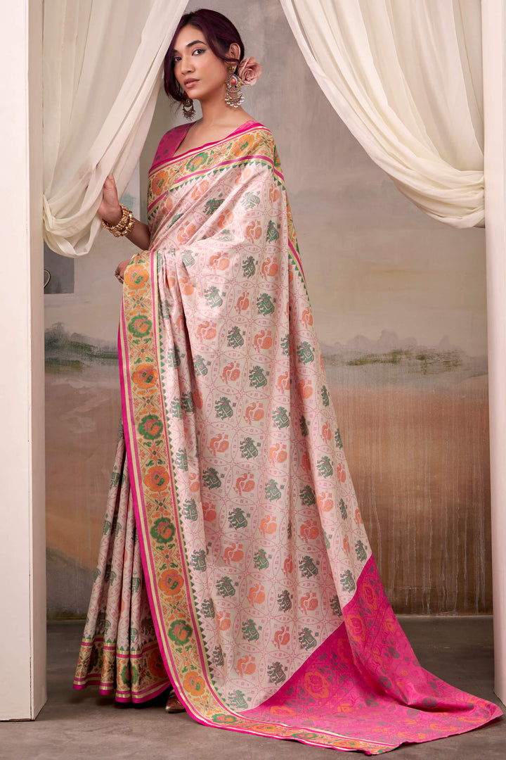Pale Pink Zari Woven Patola Silk Saree