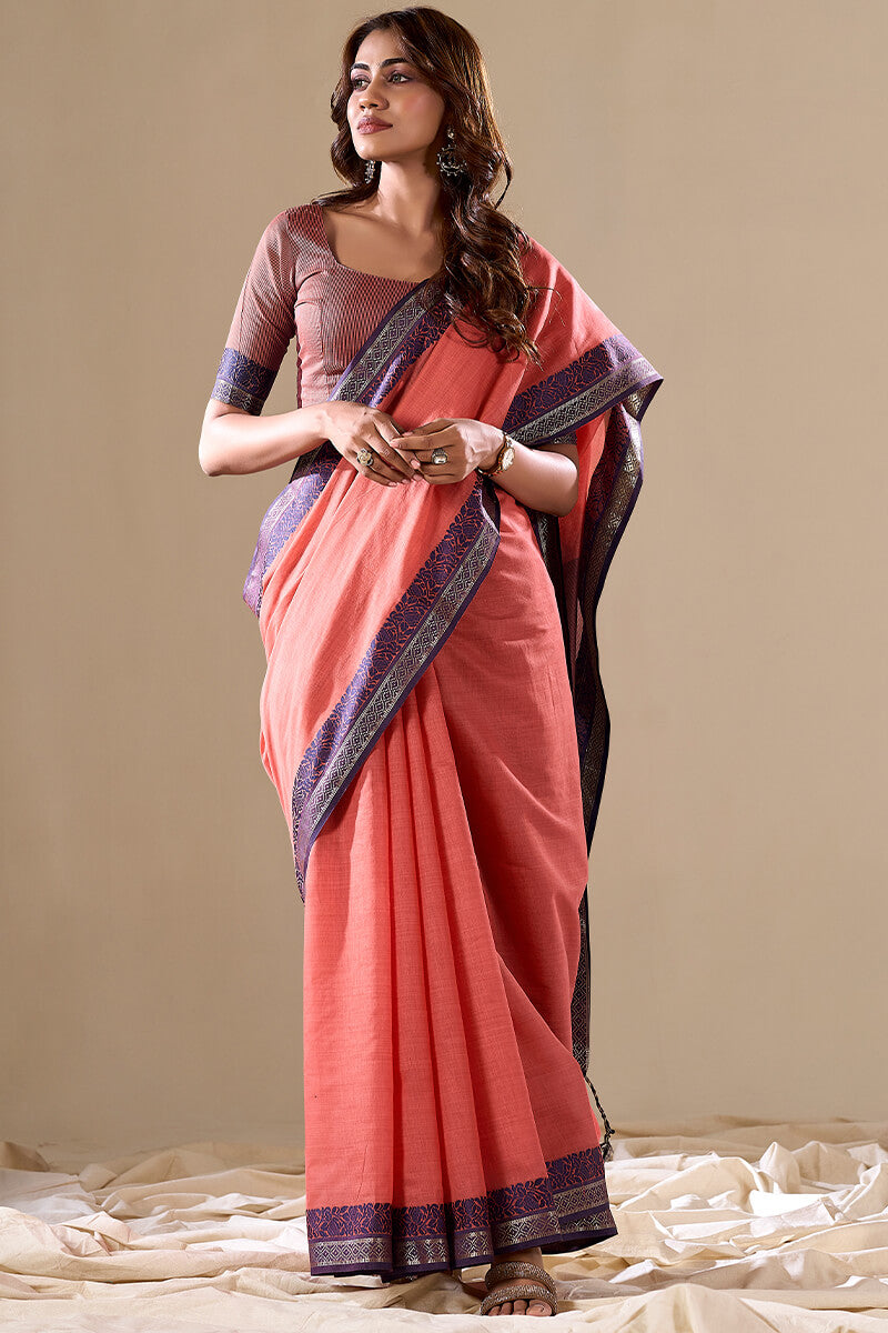 Pale Red Handloom Cotton Saree