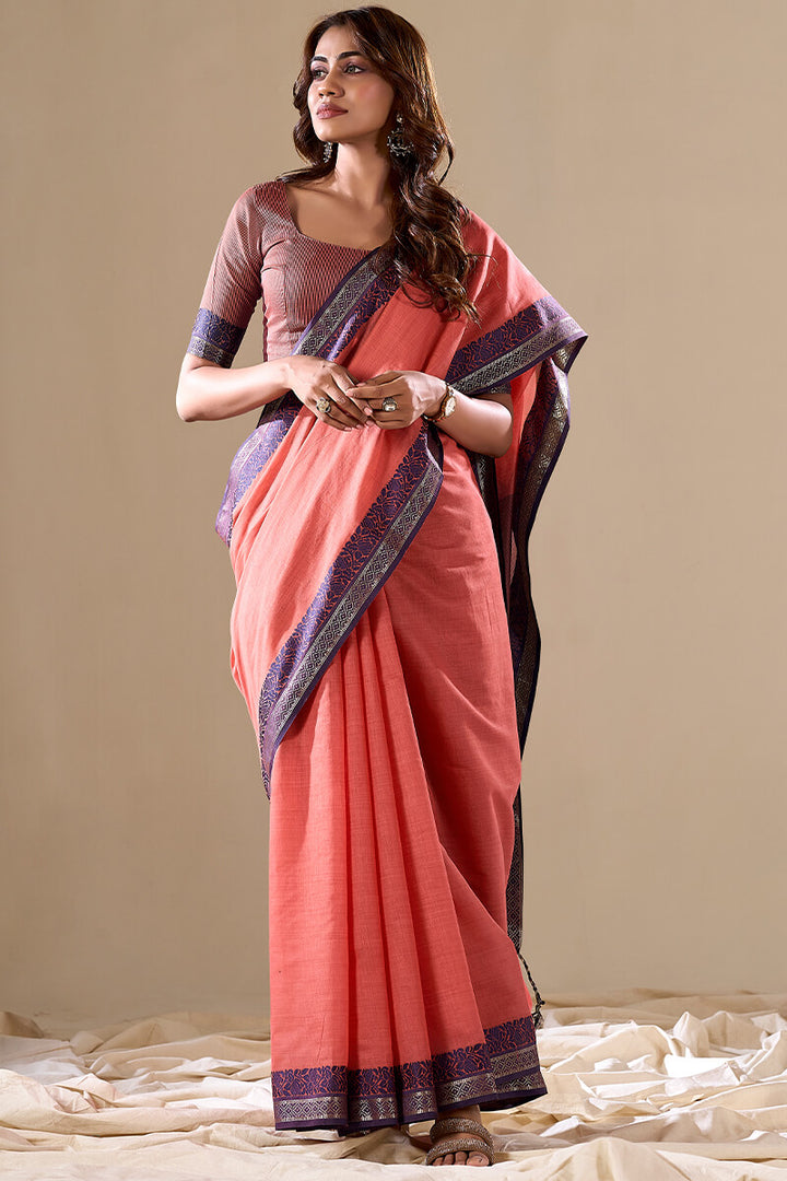 Pale Red Handloom Cotton Saree