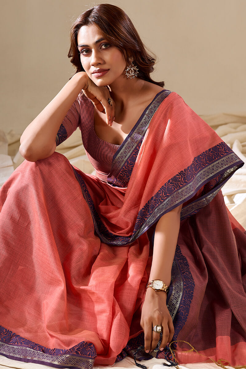 Pale Red Handloom Cotton Saree