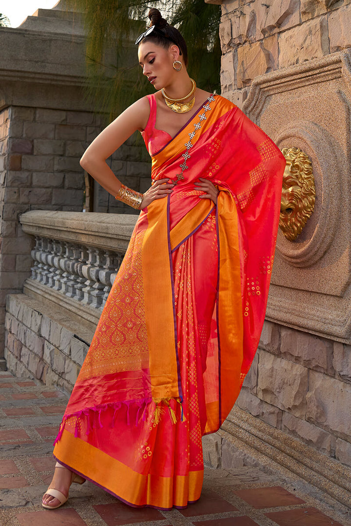 Pale Red Zari Woven Soft Silk Saree