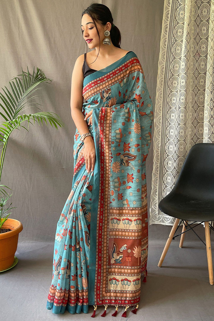 Pale Sky Blue Kalamkari Printed Cotton Silk Saree