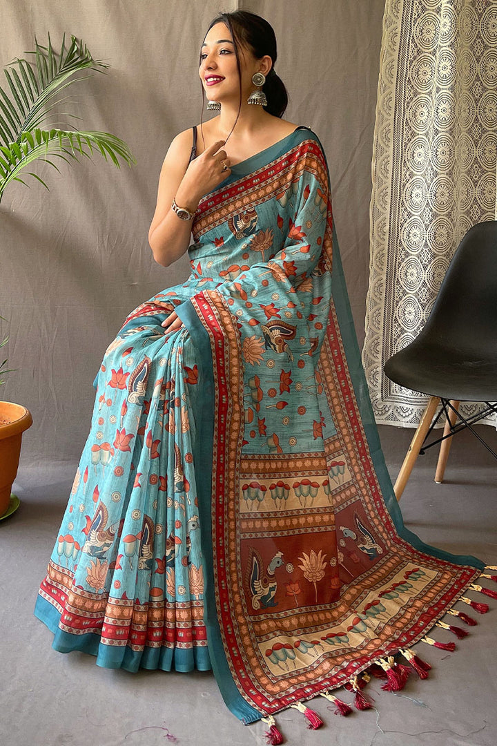 Pale Sky Blue Kalamkari Printed Cotton Silk Saree