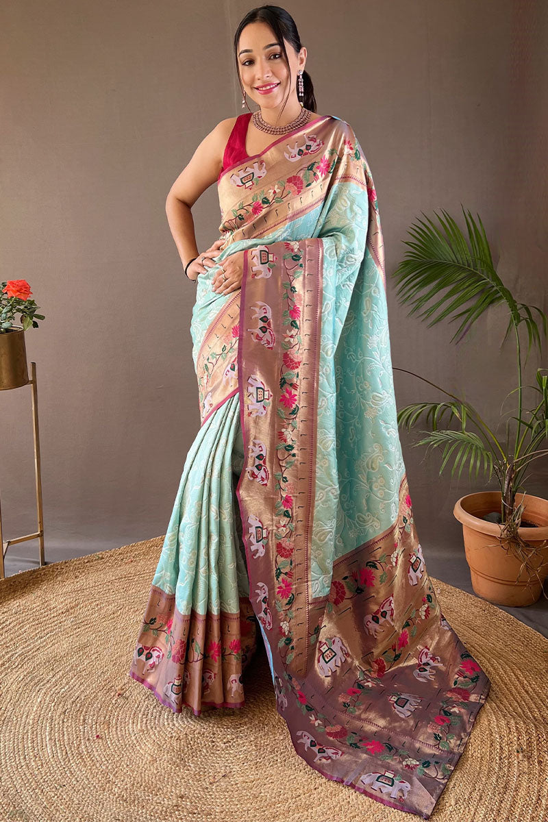 Pale Sky Blue Paithani Silk Saree