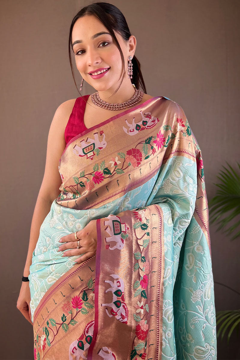 Pale Sky Blue Paithani Silk Saree