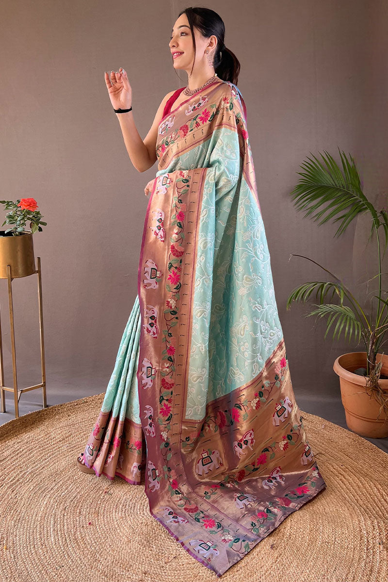 Pale Sky Blue Paithani Silk Saree