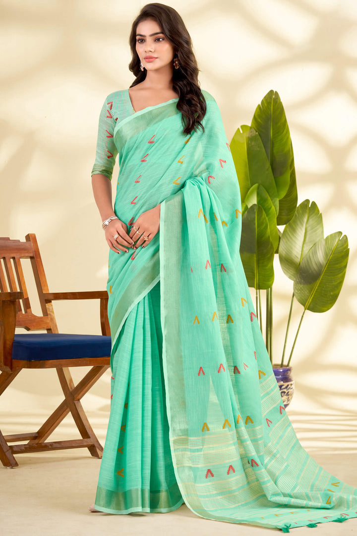 Pale Turquoise Linen Silk Saree