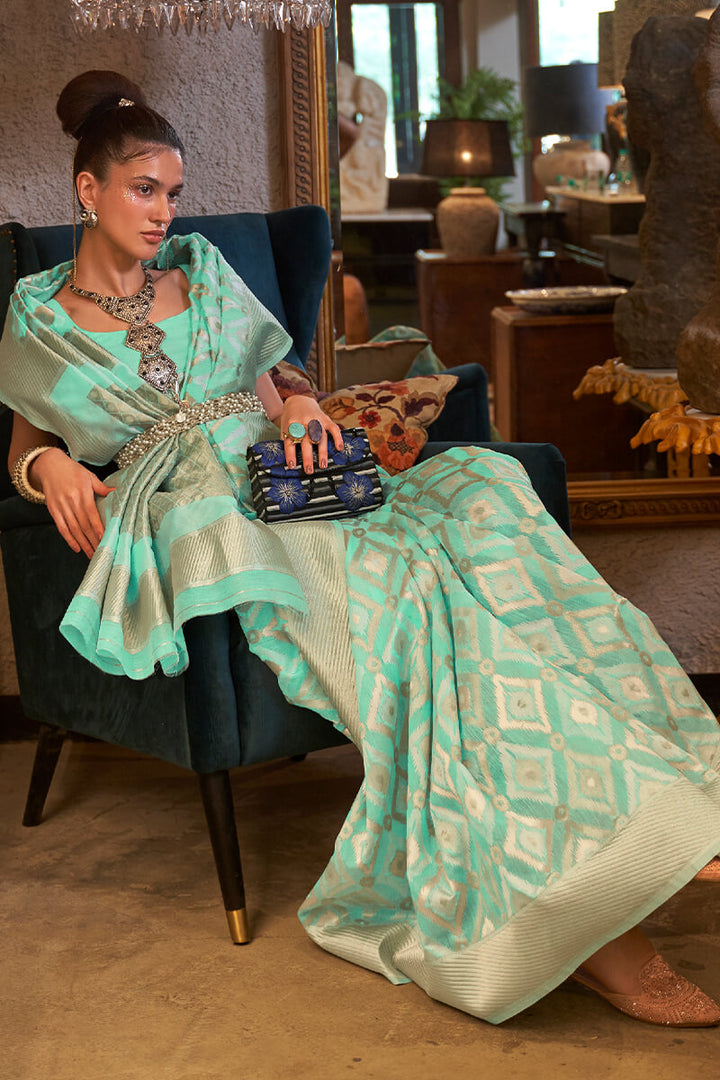 Pale Turquoise Zari Woven Linen Silk Saree