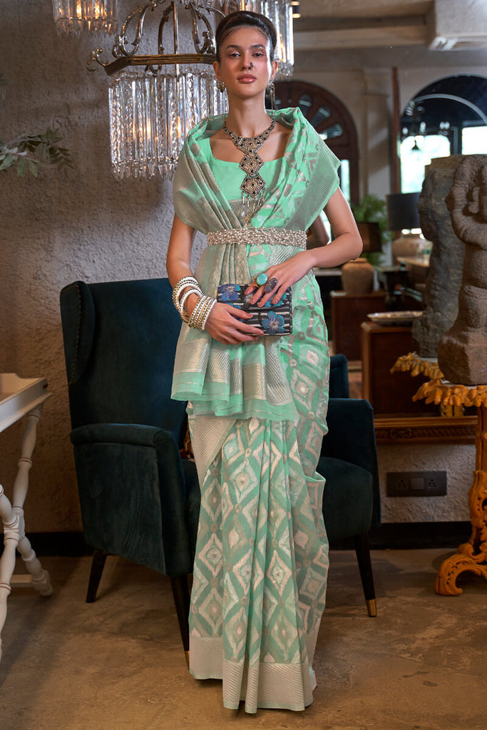 Pale Turquoise Zari Woven Linen Silk Saree