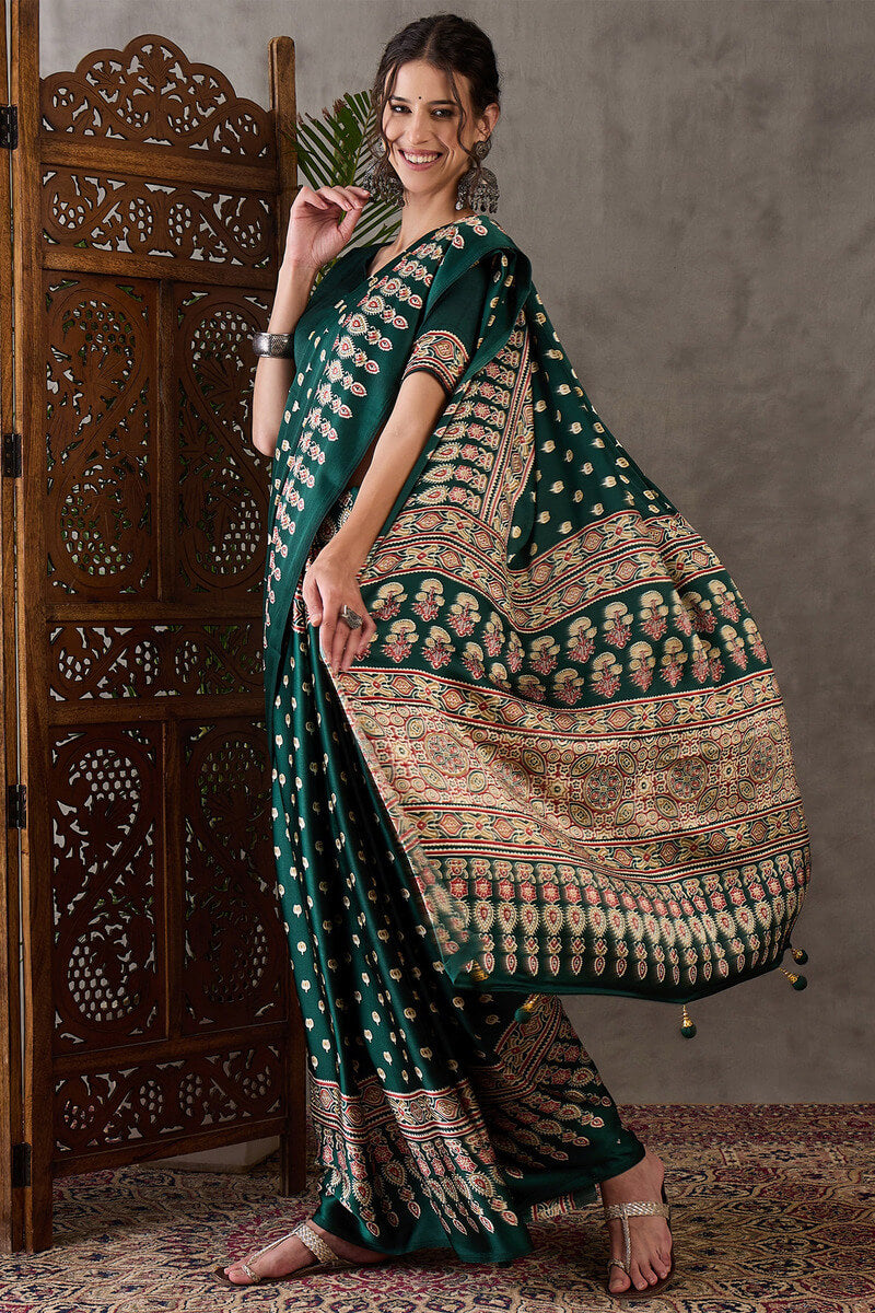 Palm Green Ajrakh Printed Satin Silk Saree
