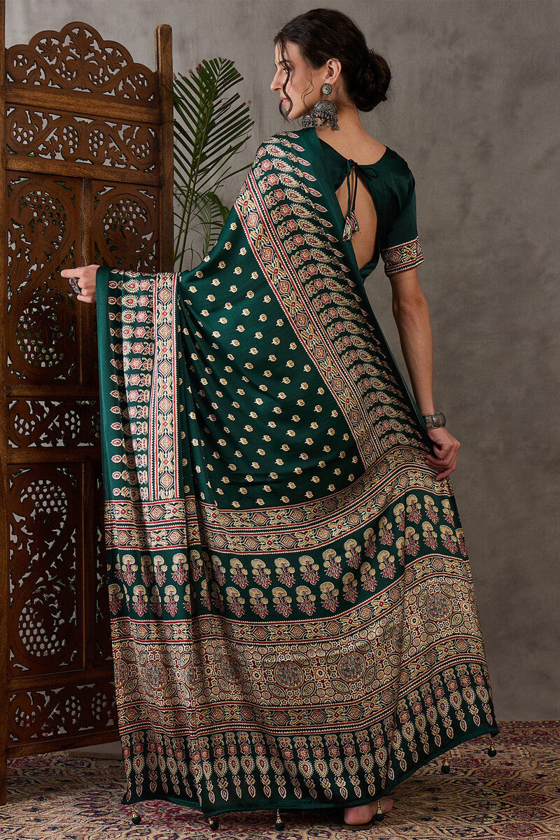Palm Green Ajrakh Printed Satin Silk Saree