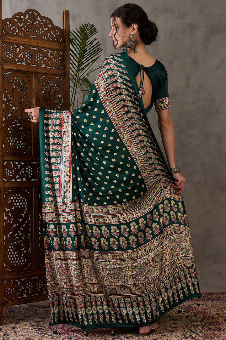 Palm Green Ajrakh Printed Satin Silk Saree