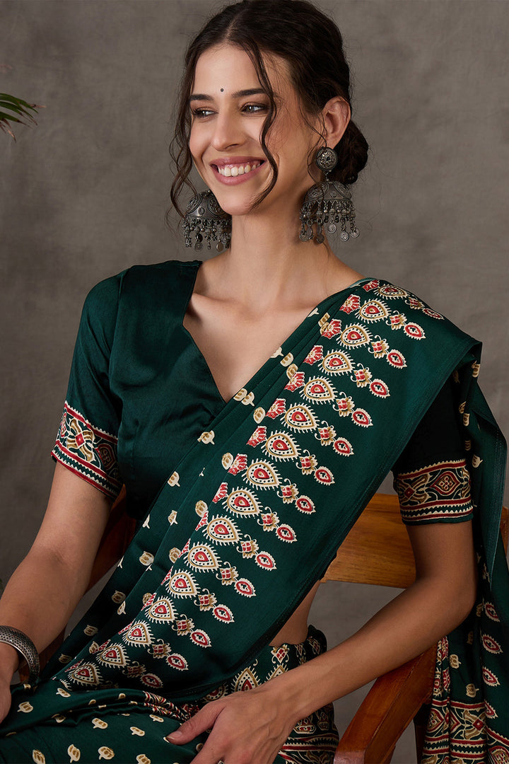 Palm Green Ajrakh Printed Satin Silk Saree