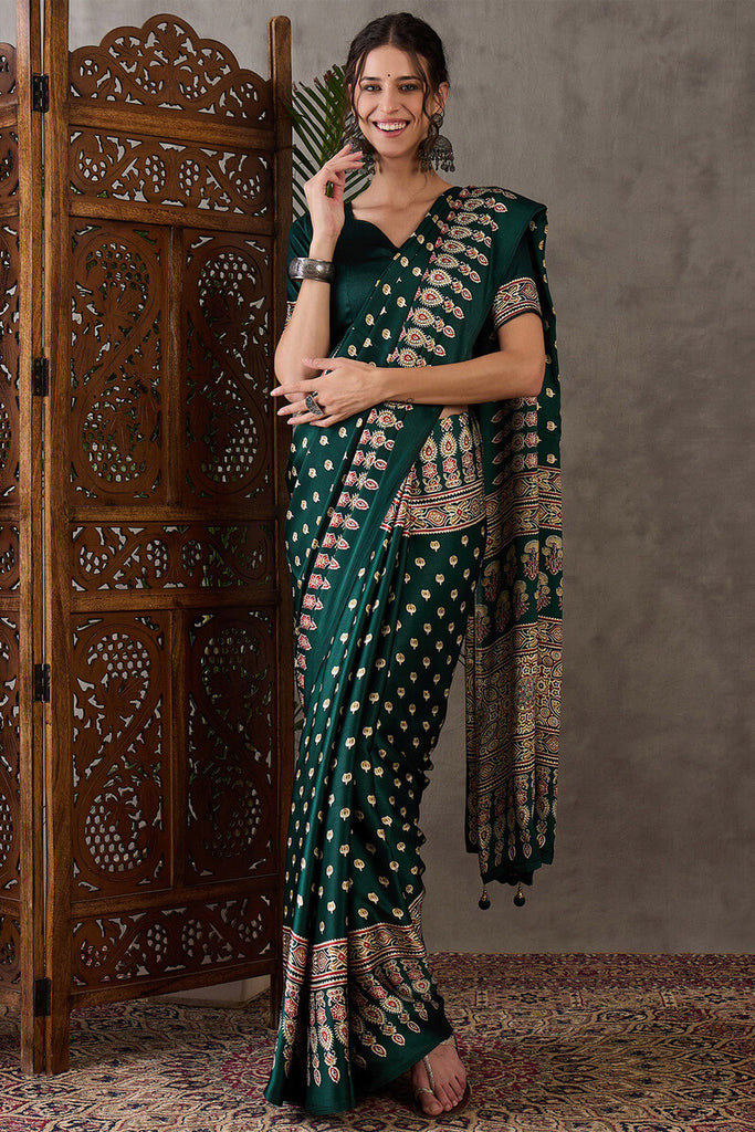 Palm Green Ajrakh Printed Satin Silk Saree
