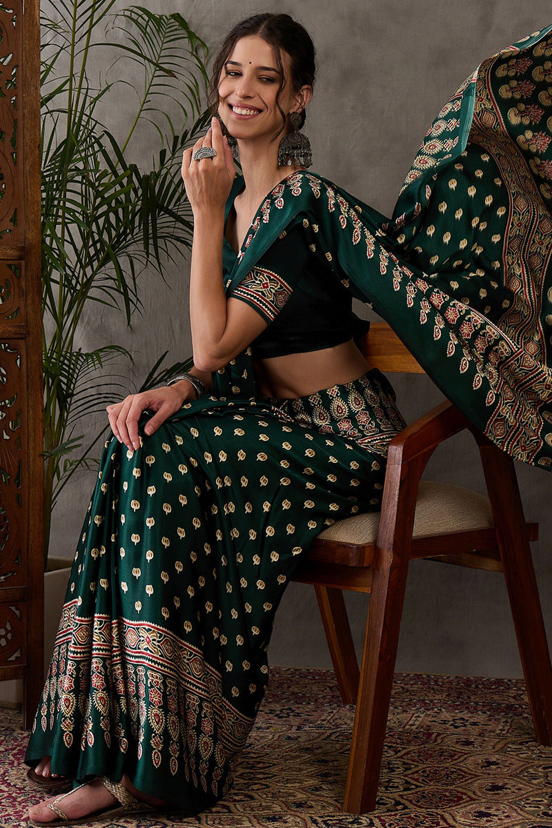 Palm Green Ajrakh Printed Satin Silk Saree