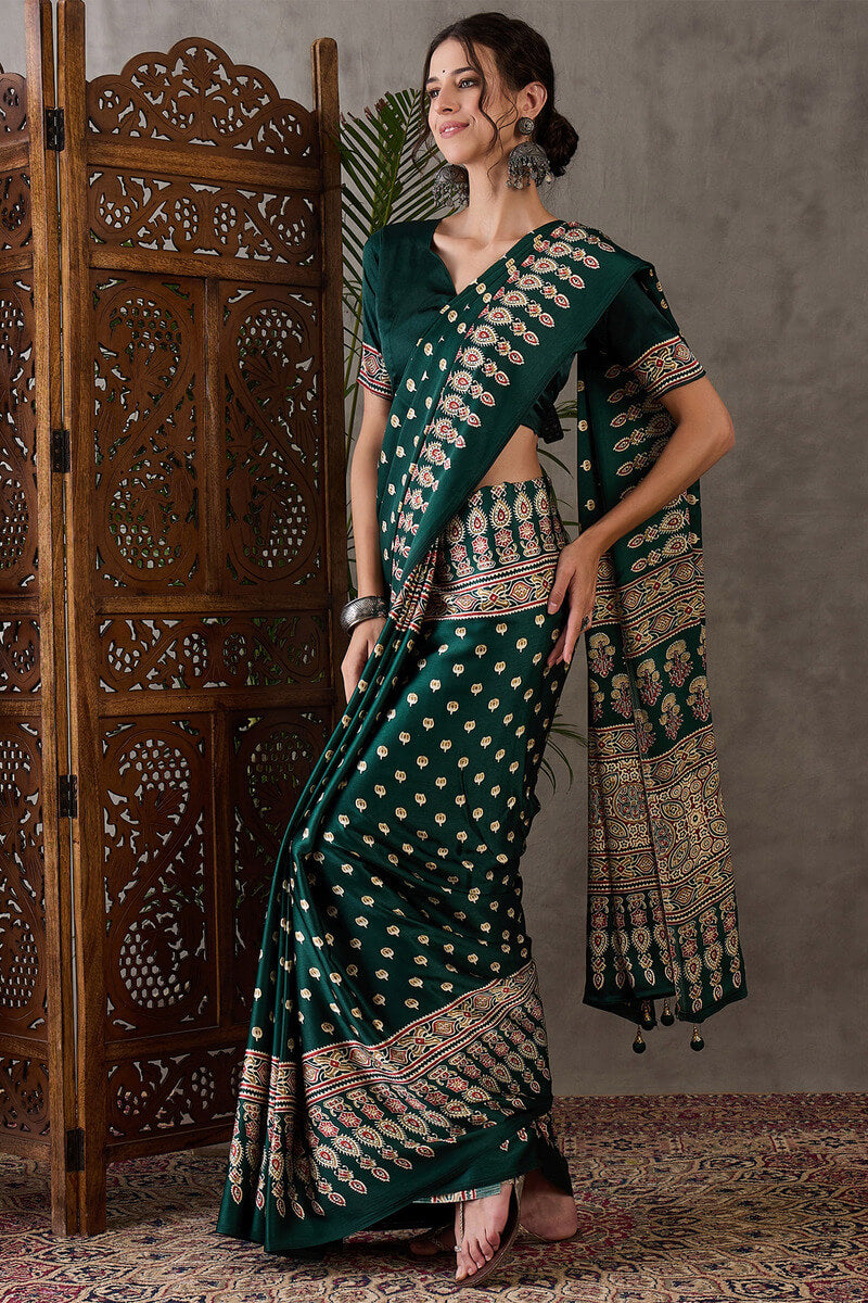 Palm Green Ajrakh Printed Satin Silk Saree