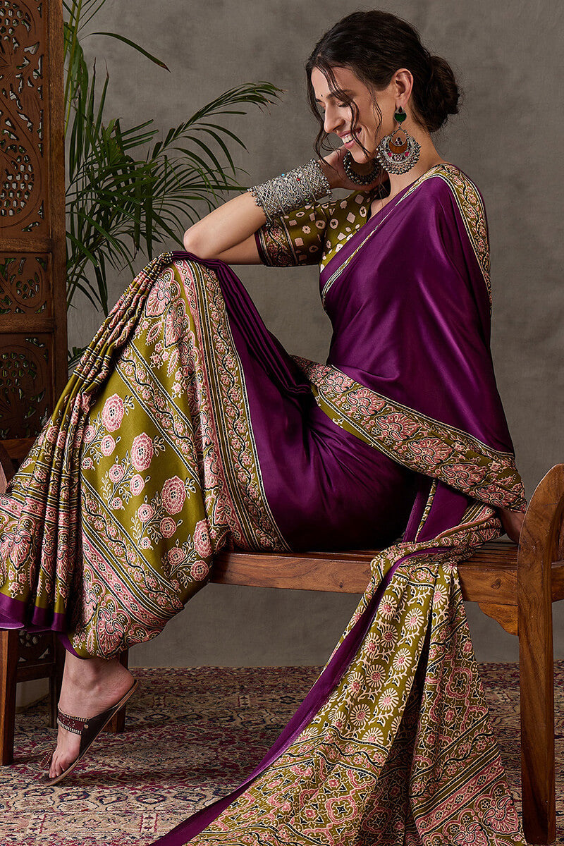 Pansy Purple Ajrakh Printed Satin Silk Saree